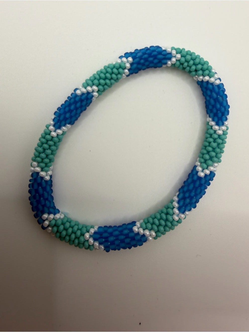 Handmade Blue & Teal Seed Bead Bracelet with White Accents